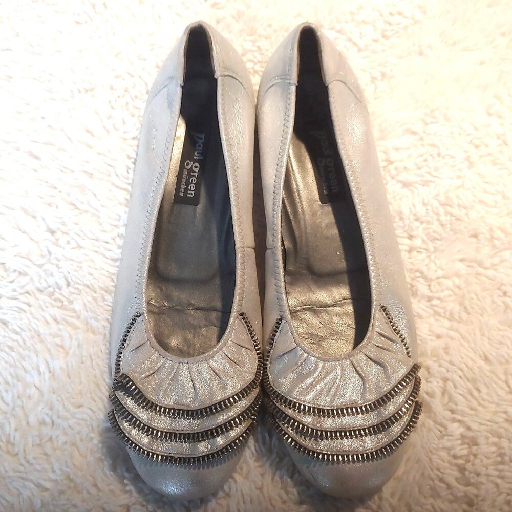 Paul Green Size 6.5/fits US 8.5 Epic Silver Zipper Ballet Flats Metallic Suede
